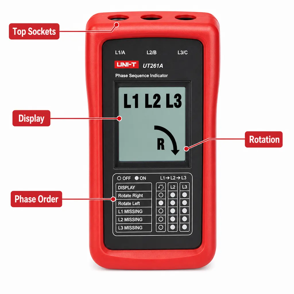 Three-Phase Sequence Indicator controls and screen